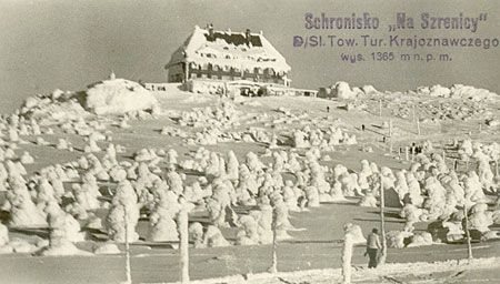 Ośnieżona Hala Szrenicka (niemiecka pocztówka, polski stempel) – lata 50-te.