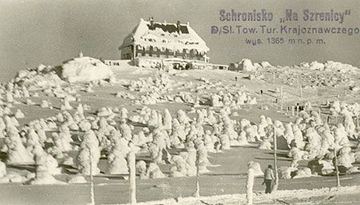 Ośnieżona Hala Szrenicka (niemiecka pocztówka, polski stempel) – lata 50-te.