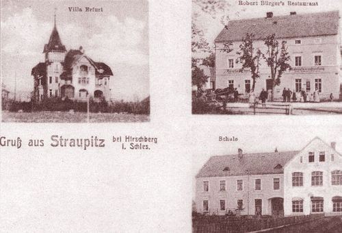 Pamiątka ze Straupitz (Strupice, Raszyce). Pałacyk, w którym dziś są instytuty Politechniki Wrocławskiej, otaczają teraz bloki.