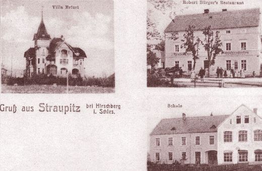 Pamiątka ze Straupitz (Strupice, Raszyce). Pałacyk, w którym dziś są instytuty Politechniki Wrocławskiej, otaczają teraz bloki.