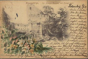 Widokówka wysłana z Piechowic (Petersdorf) w 1905 roku: na obrazku ruiny Chojniastego.