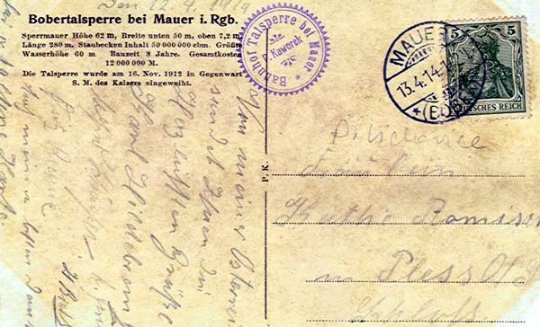 Okolicznościowa pieczęć pocztowa na pocztówce z 1914 roku.