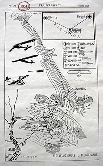 Orientacyjna mapka dla szybowników z Segelflugschule z zaznaczoną Górą Szybowcową i okolicami.