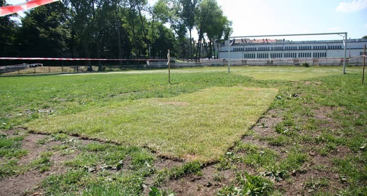O zakazie wstępu na płytę boiska informują stosowne tablice.