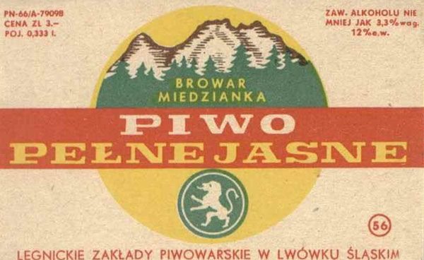 Etykieta piwa warzonego w Miedziance z lat PRL. Browar podlegał Legnicy, Zakłady Piwowarskie były w Lwówku, a napitek powstawał pod Janowicami.