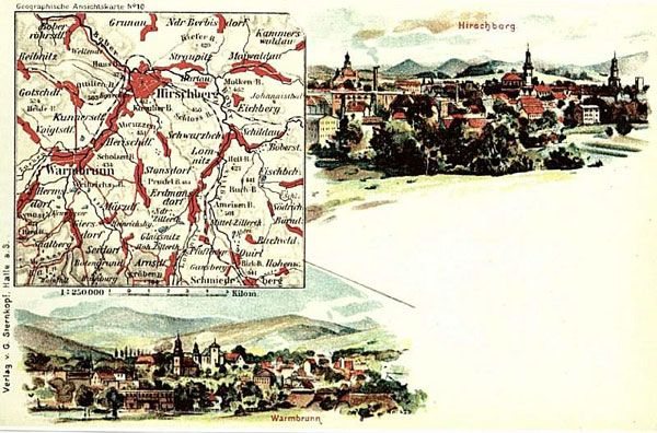 Wizja połączenia Hirschbergu z Warmbrunnem? Niemiecka pocztówka z mapą regionu i widokami z obydwu miast.