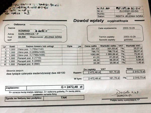 Zapłacony rachunek za niewykonaną usługę.