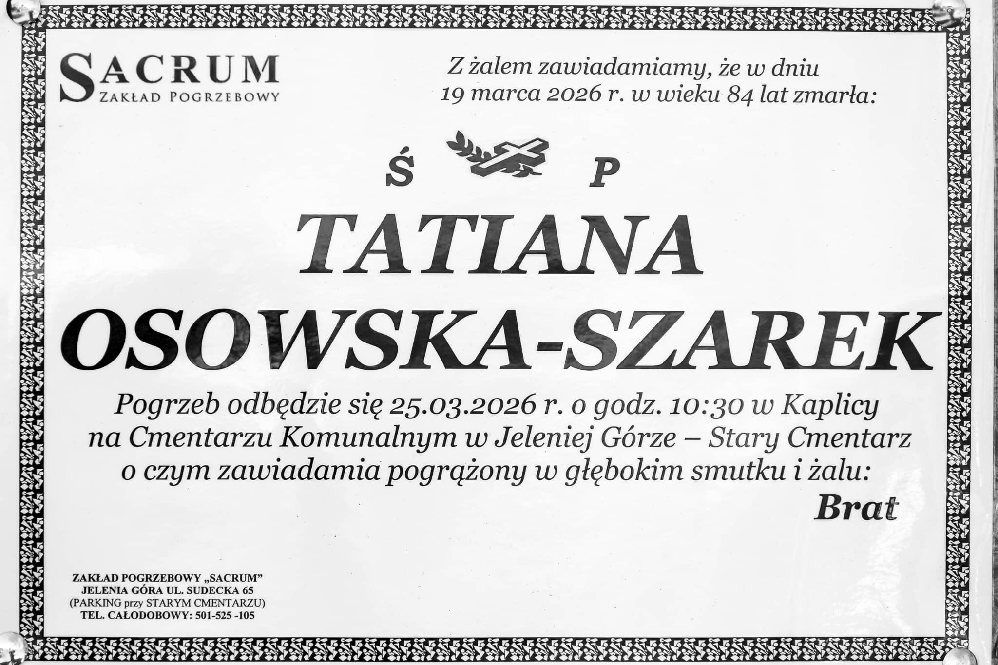 Zmarła Tatiana Osowska–Szarek