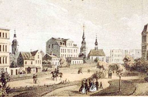 Jeden z nielicznych zachowanych obrazów przedstawiających ulicę Bankową ze świeżo wytyczonymi alejkami spacerowymi. Połowa XIX wieku.