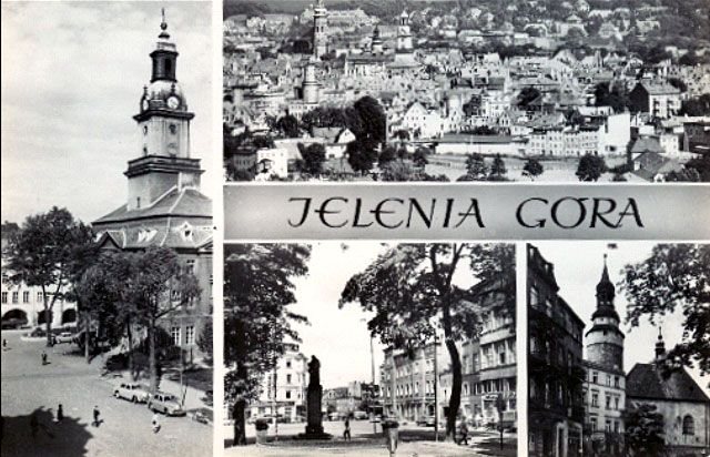 Ulica Bankowa jako motyw przewodni w mozaice pocztówkowej z lat 60-tych minionego wieku.