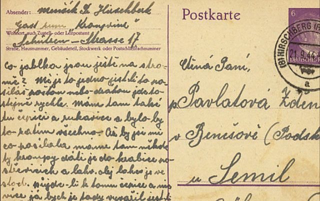 Kartka wypełniona przez Menecika dla Zdenki Pavlakovej. Czech miał kłopoty z niemiecką pisownią: napisał Hirschberg przez „k” na końcu.