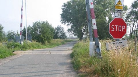 Tablica przy przejeździe w Piechowicach Dolnych ledwo wystaje zza wysokiej trawy.