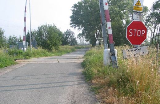 Tablica przy przejeździe w Piechowicach Dolnych ledwo wystaje zza wysokiej trawy.