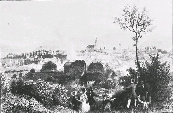 Sztych z połowy XIX wieku: panorama Hirschbergu ze Wzgórza Zamkowego (Hausberg).
