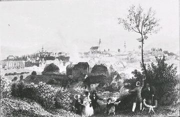 Sztych z połowy XIX wieku: panorama Hirschbergu ze Wzgórza Zamkowego (Hausberg).