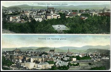 Kościół Łaski to z lewej, to z prawej: panoramy Jeleniej Góry z przeciwległych wzgórz: Hausbergu i Kavalierbergu (Krzywoustego i Kościuszki).