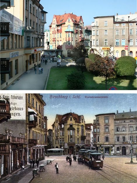 Plac Niepodległości w październiku 2007 i Warmbrunnerplatz na początku lat 20 minionego stulecia.
