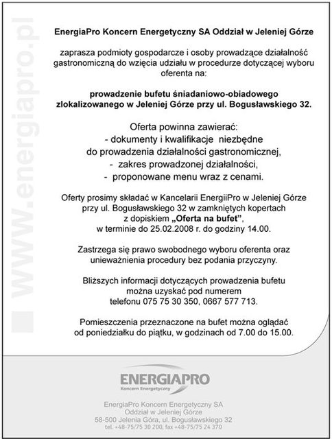 Energia Pro przyjmuje oferty na prowadzenie bufetu