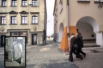 Przejście do dawnej Samotni Marynarskiej na ulicę Forteczną. Dziś po tamtych budynkach (małe zdjęcie) nie ma śladu.