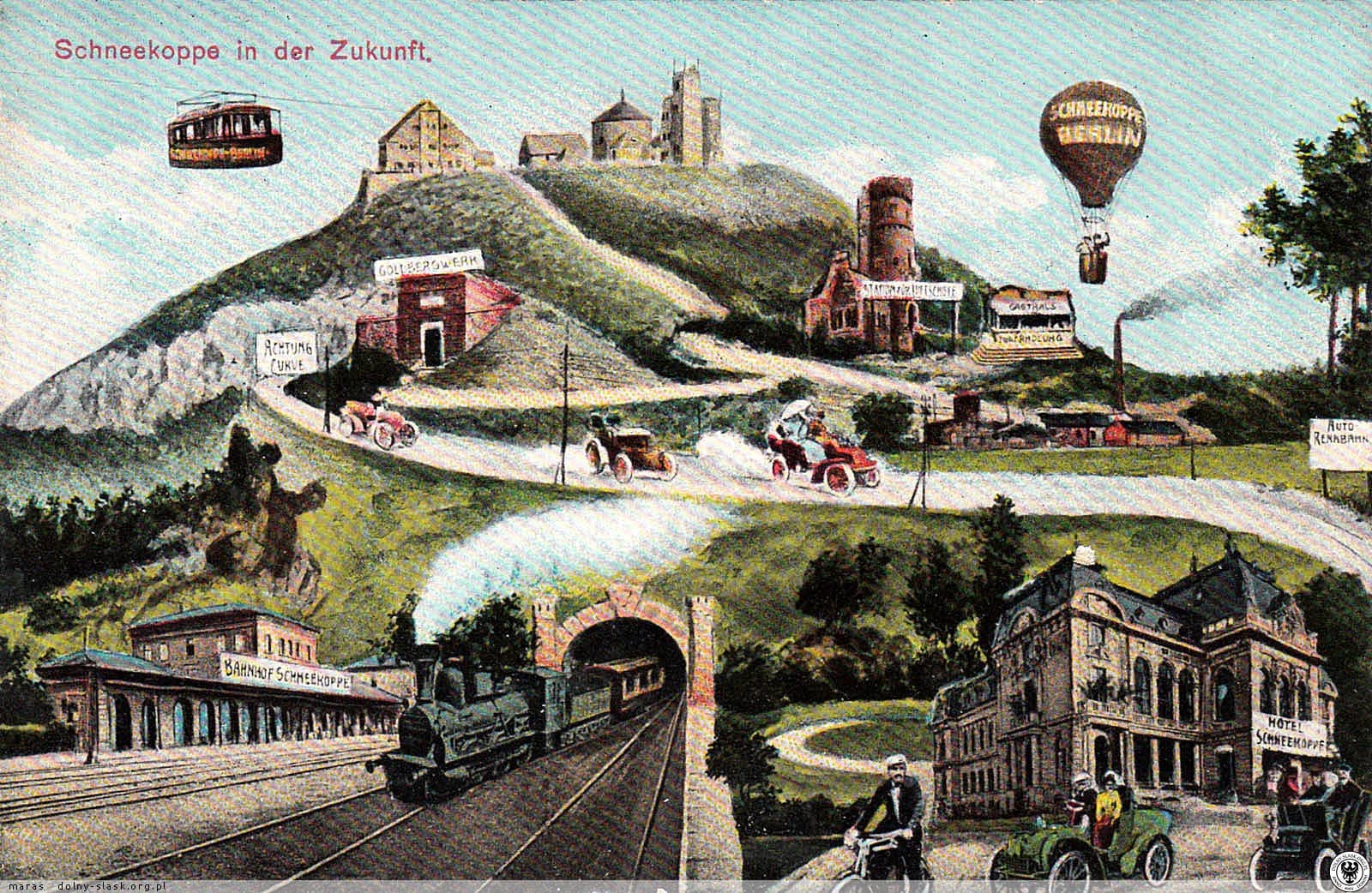 Wyobrażenie kolei prowadzącej pod Śnieżkę z 1900 r.