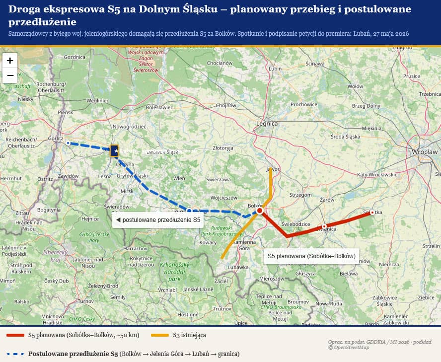 Chcą przedłużenia drogi S5 z Bolkowa, przez Jelenią Górę do granicy w Zgorzelcu