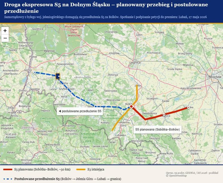 Chcą przedłużenia drogi S5 z Bolkowa, przez Jelenią Górę do granicy w Zgorzelcu
