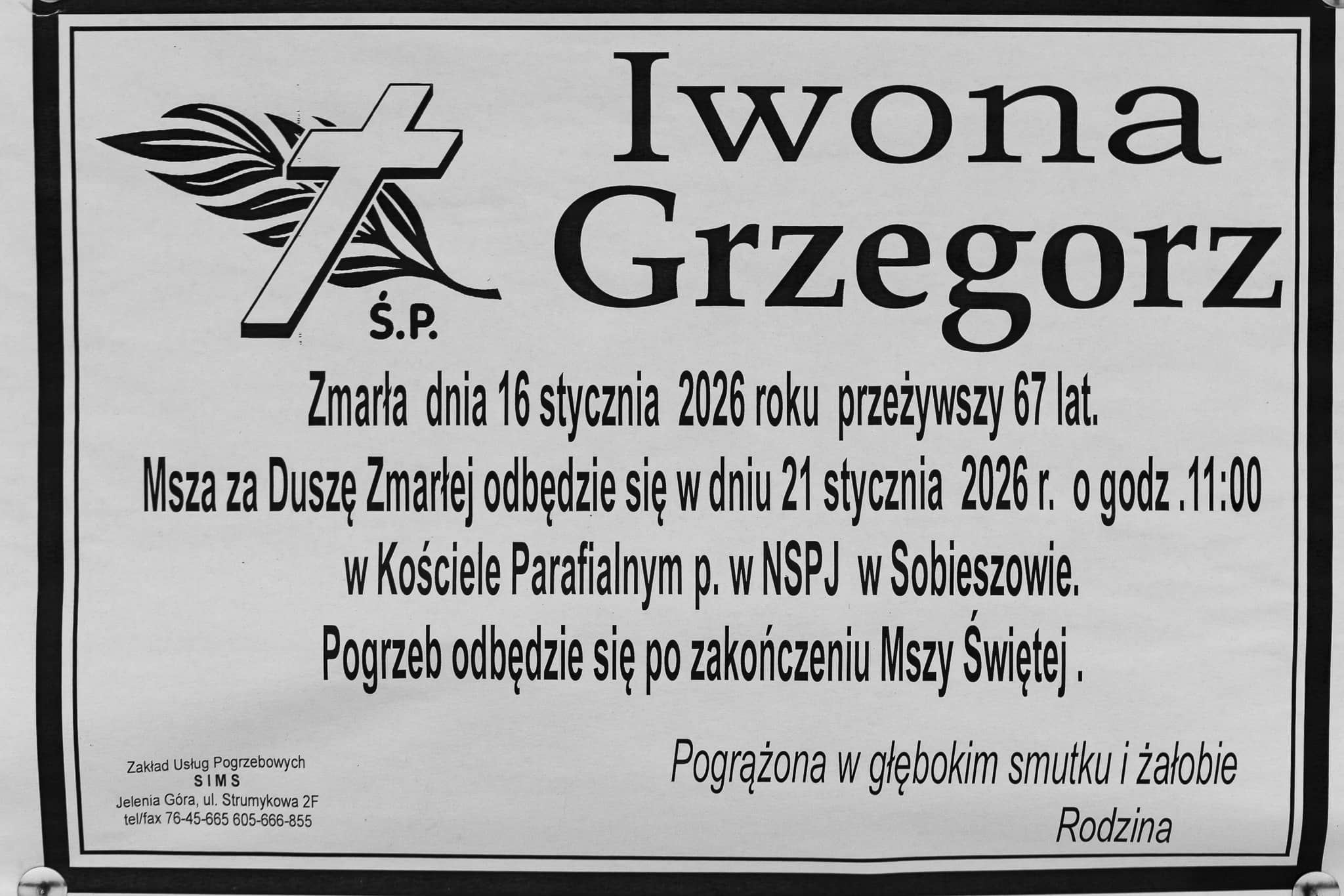 Zmarła Iwona Grzegorz