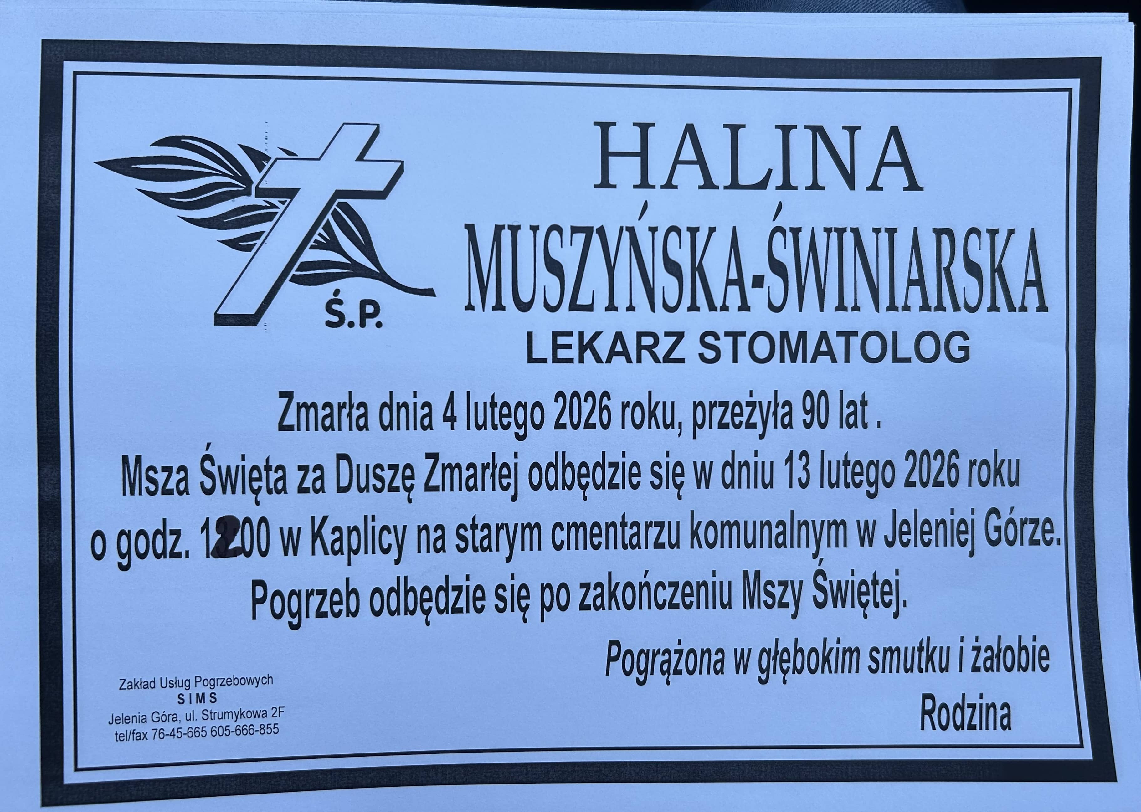 Zmarła Halina Muszyńska–Świniarska – lekarz stomatolog