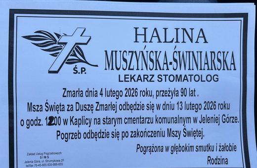 Zmarła Halina Muszyńska–Świniarska – lekarz stomatolog