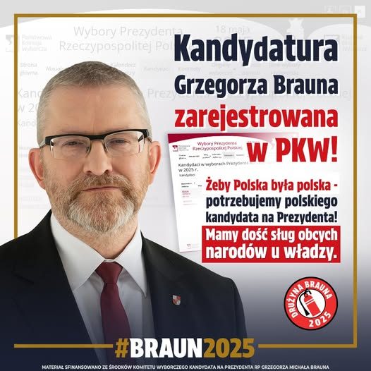 Grzegorz Braun zarejestrowany w PKW jako kandydat na urząd prezydenta RP.