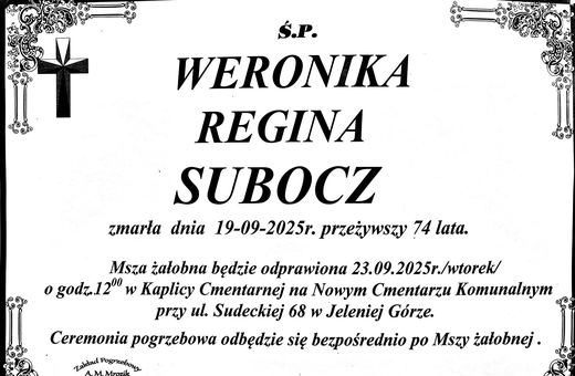 Zmarła Weronika Regina Subocz