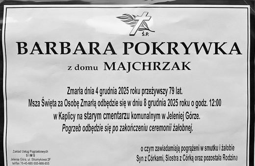 Zmarła Barbara Pokrywka z domu Majchrzak