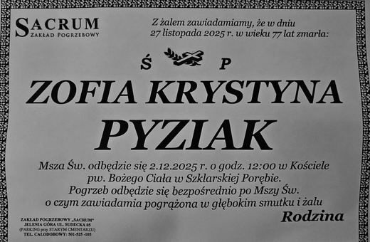 Zmarła Zofia Krystyna Pyziak