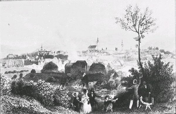 Sztych z połowy XIX wieku: panorama Hirschbergu ze Wzgórza Zamkowego (Hausberg).
