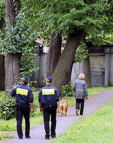 Strażnicy miejscy podczas obchodu wspomnianego terenu.