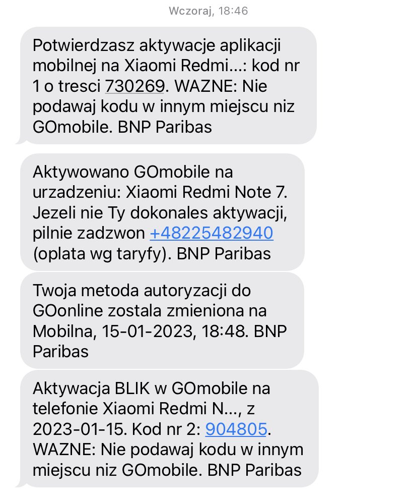 Tak wyglądają SMS–y z kodami z naszego banku, które po kolei pozwalają oszustom wypłacić pieniądze za pomocą BLIK z naszego konta.