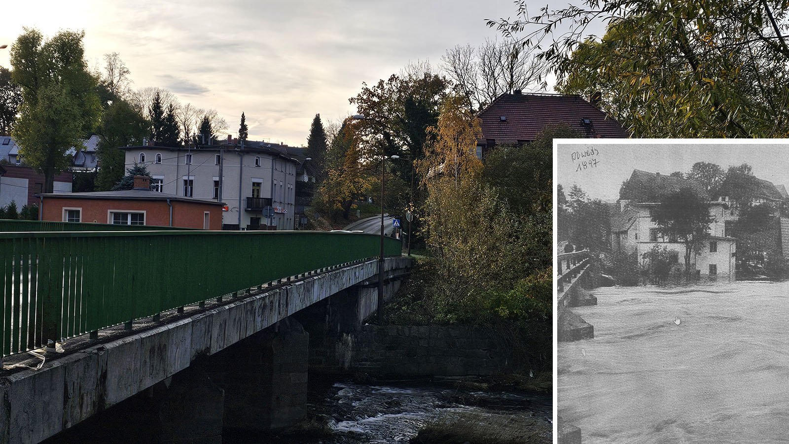 Róg ulicy Spółdzielczej i Kasprowicza – dziś i 120 lat temu podczas wielkiej powodzi.