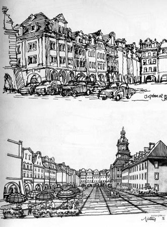 Plac Ratuszowy w rycinach prof. dr. arch. Ryszarda Natusiewicza z lat 80. XX wieku.