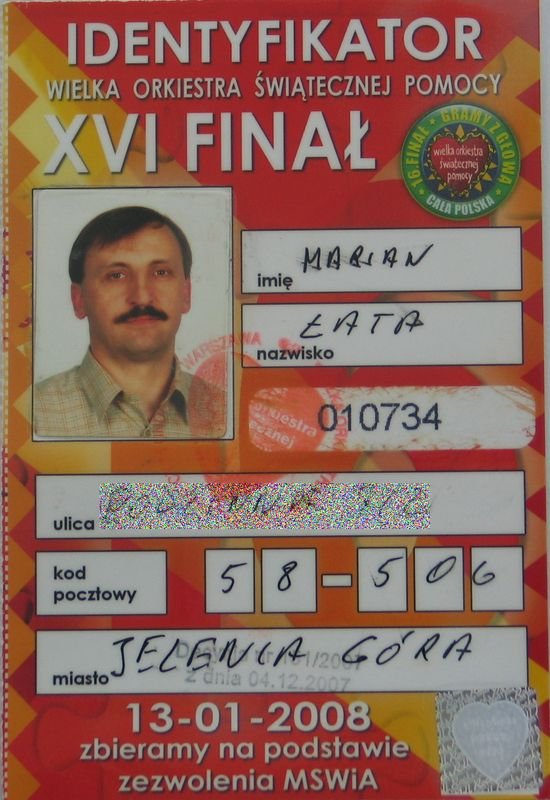Wzór identyfikatora XVI finału Wielkiej Orkiestry Świątecznej Pomocy.