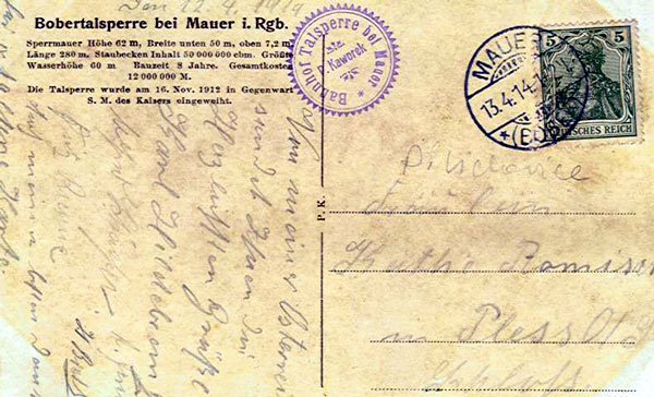 Okolicznościowa pieczęć pocztowa na pocztówce z 1914 roku.