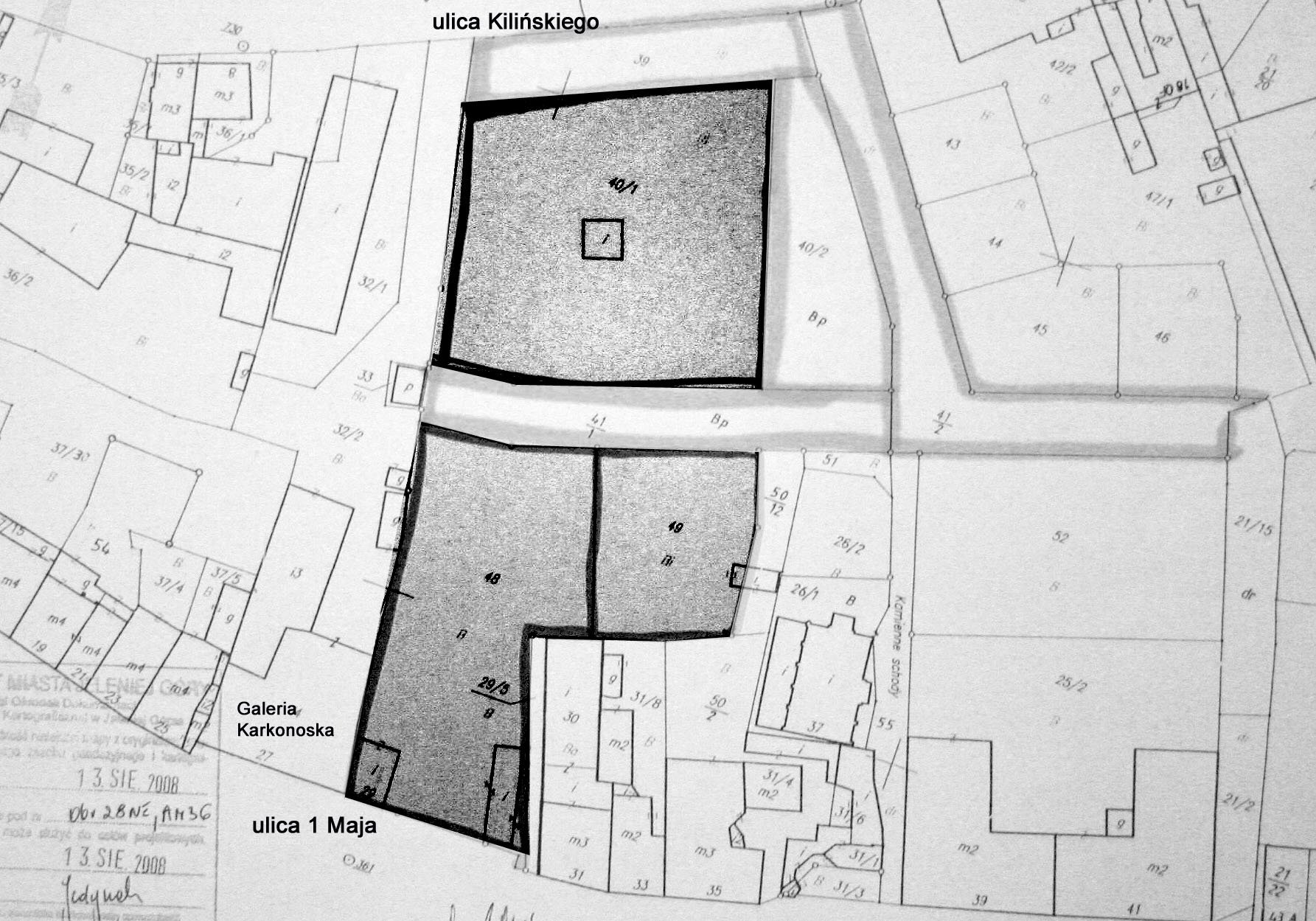 Mapka – Ciemniejszym kolorem zaznaczono własność spółki Parkdrigde, grubą obwódką działki należące do miasta.