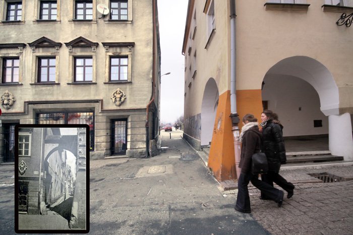 Przejście do dawnej Samotni Marynarskiej na ulicę Forteczną. Dziś po tamtych budynkach (małe zdjęcie) nie ma śladu.