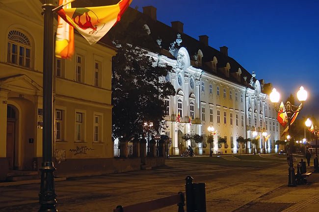 Nocna oprawa placu Piastowskiego dodaje wiele uroku uzdrowiskowej części miasta.