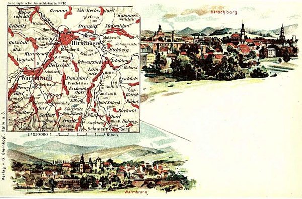 Wizja połączenia Hirschbergu z Warmbrunnem? Niemiecka pocztówka z mapą regionu i widokami z obydwu miast.