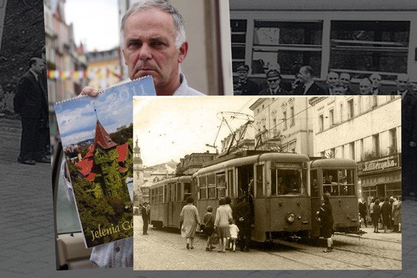 Autor książki i archiwalne zdjęcie ostatnich tramwajów na placu Piastowskim z 1965 roku