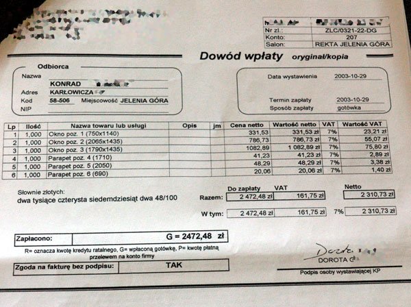 Zapłacony rachunek za niewykonaną usługę.