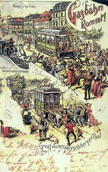 Tramwaj „na gazie”: satyryczna wizja komunikacji miejskiej. Szkoda, że dziś nikt takich pocztówek nie wydaje.