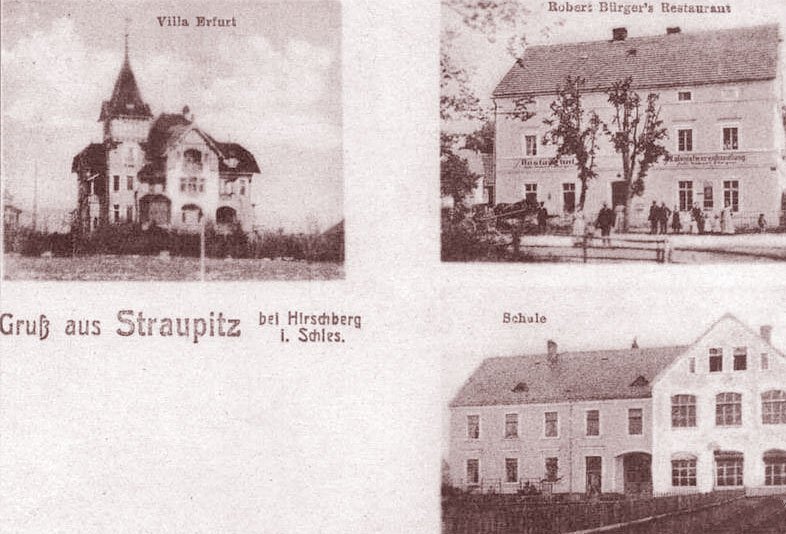 Pamiątka ze Straupitz (Strupice, Raszyce). Pałacyk, w którym dziś są instytuty Politechniki Wrocławskiej, otaczają teraz bloki.