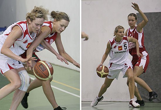 Izabela Bogdan ze zmartwieniem przyglądała się reakcji Katarzyny Dulnik na kontuzję. Na szczęście okazała się ona niegroźna i... po chwili Kasia zdobyła spod kosza pewne punkty (na zdjęciu z prawej).