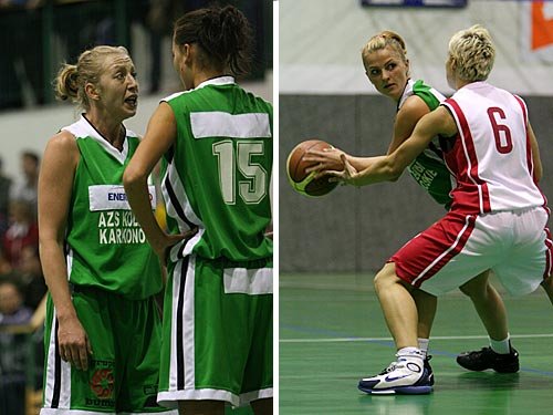 Iwona Kaszuwara oraz Joanna Szczuraszek. Rozgrywająca Monika Krawczyszyn-Samiec, w obronie Monika Krawiec.